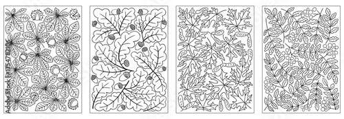 Set of hand drawn autumn coloring pages with chestnut, oak, maple, and rowan leaves, acorns, and berries. Concept of fall season, relaxation, nature illustration, and coloring activity