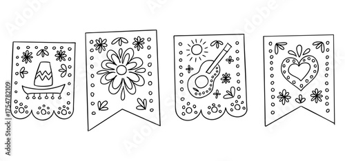 Set of hand drawn papel picado flags with traditional Day of the Dead designs including flower, guitar, hat, and heart motifs. Concept of mexican holiday, celebration, and cultural decoration