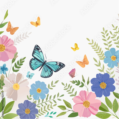 Vibrant Floral and Butterfly Illustration A Colorful Springtime Delight for Decorative Designs and Nature Themes