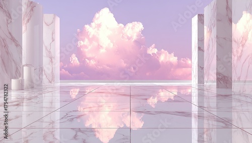 Pastel clouds reflect on a glossy marble floor with pillars.
