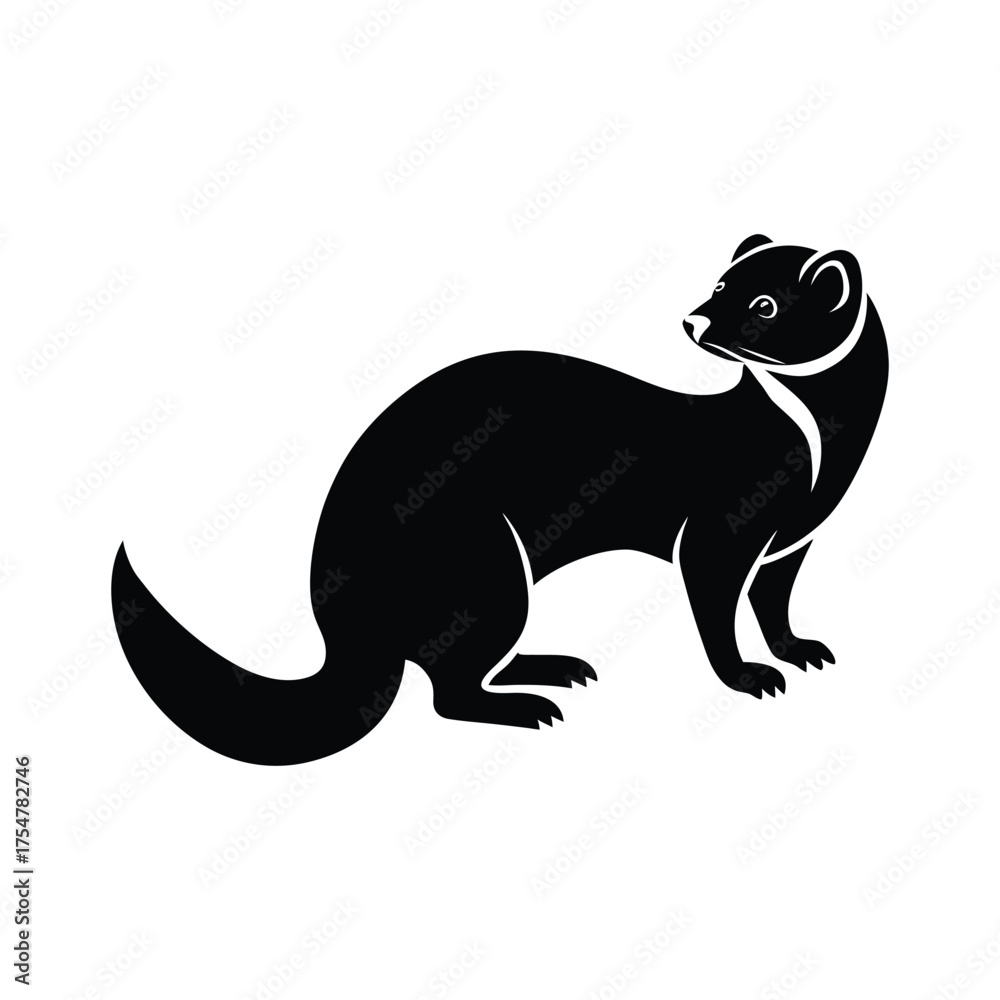 Obraz premium Stylized silhouette of a ferret standing alertly with a long tail and white background