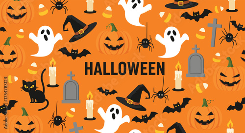 Happy Halloween spooky holiday celebration with pumpkins ghosts and bats.