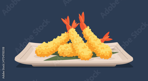 Crispy golden fried shrimp tempura served on a white plate with green leaves.