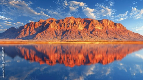 Abstract landscape with sharp mountain peaks, water reflections, blue sky & golden hour lighting, 3D high-resolution rendering
