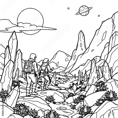Minimilist two hikers on an alien planet with crystals, mountains, and a ringed planet in the sky above them vector
