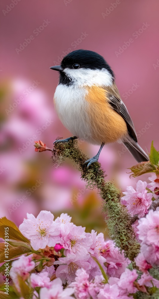 Obraz premium Small black capped bird rests among delicate pink blossoms.