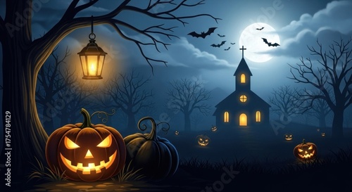 Vector art of spooky halloween night scene with pumpkins, church, bats and full moon in the sky