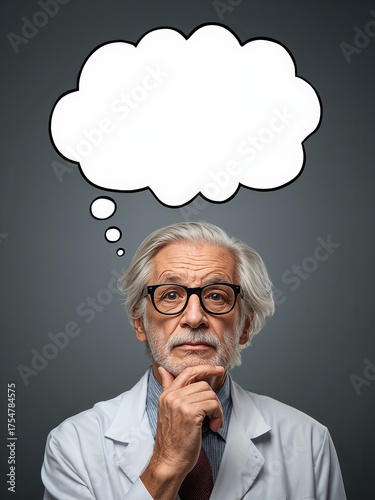 An old scientist ponders a problem. Above his head is a blank thought bubble for text.