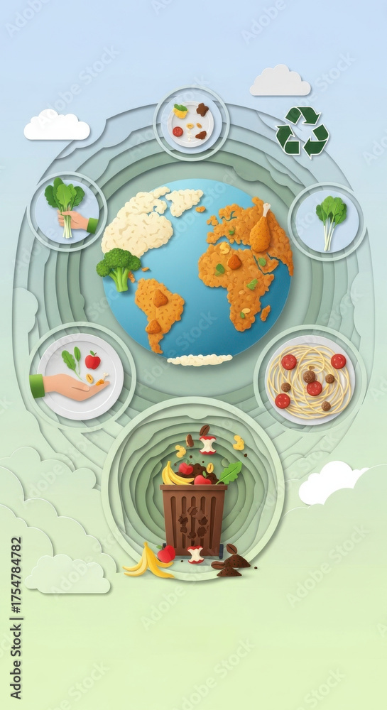Fototapeta premium World map made of food, surrounded by plates with vegetables, salad, pasta, and recycling symbol, with food waste bin below, promoting sustainability and healthy eating