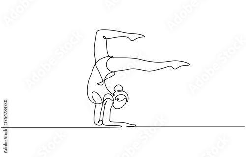 Continuous one line drawing of Young gymnast girl exercise floor rhythmic gymnastic at gym vector illustration, Isolated on transparent background