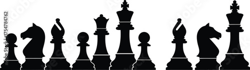 Vector art of silhouette of chess pieces, showcasing a strategic game of chess with pawns, knights, bishops, rooks, queen, and king