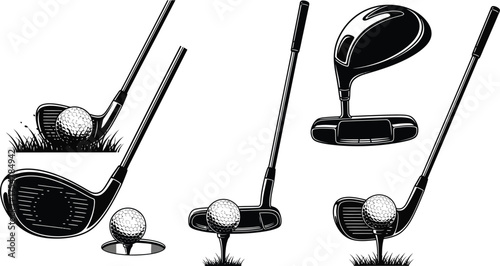 Vector art of set of golf clubs and balls