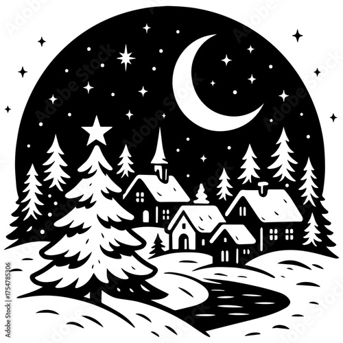 Black and white vector winter night village scene with Christmas tree and moon, perfect for engraving and seasonal prints.
