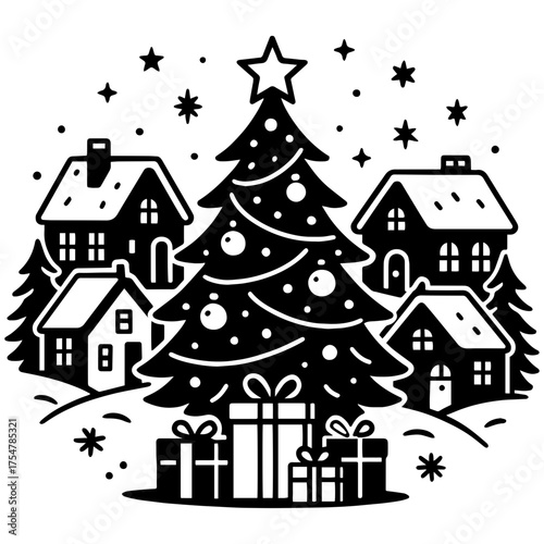 Vector festive Christmas tree with gifts on the city square, ideal for engraving, laser cutting, and seasonal creative projects.