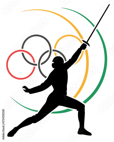 Dynamic black silhouette of a fencer mid-lunge with a sword, framed by abstract colored rings and swirling lines, symbolizing high-level competitive sport.