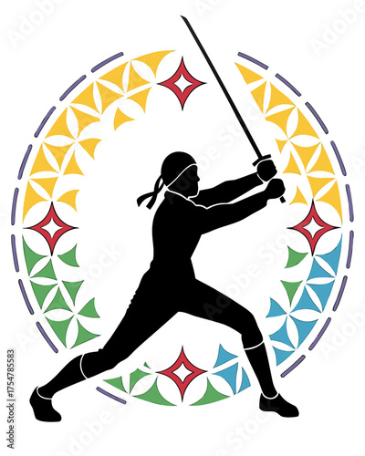 Striking black silhouette of a fencer lunging with a foil within a colorful, star-shaped geometric circular frame, representing skill, precision, and sporting elegance