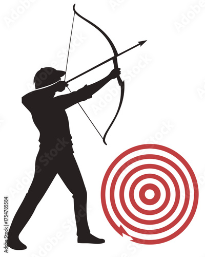 Focused black silhouette of an archer aiming a bow and arrow at a stylized red and white concentric target, symbolizing precision, control, and marksmanship.