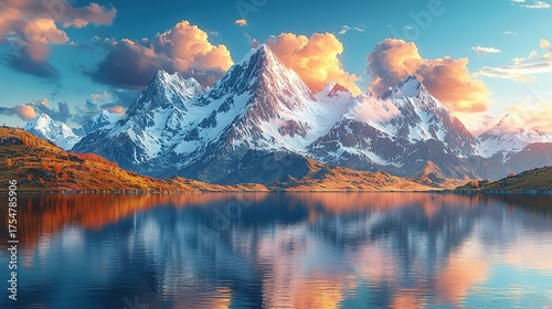 Abstract landscape with sharp mountain peaks, water reflections, blue sky & golden hour lighting, 3D high-resolution rendering
