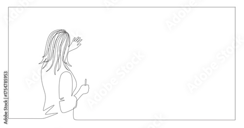 Continuous line art of a female lecturer writing on a blackboard. High-level lecture concept.