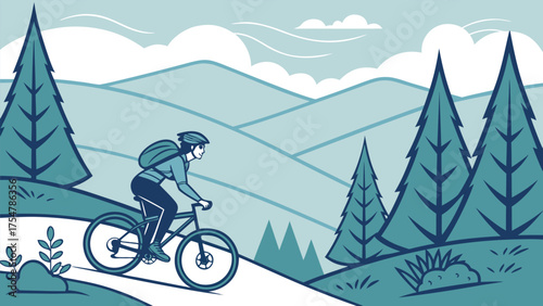 A flat vector illustration of a person mountain biking on a trail in a hilly, wooded landscape.