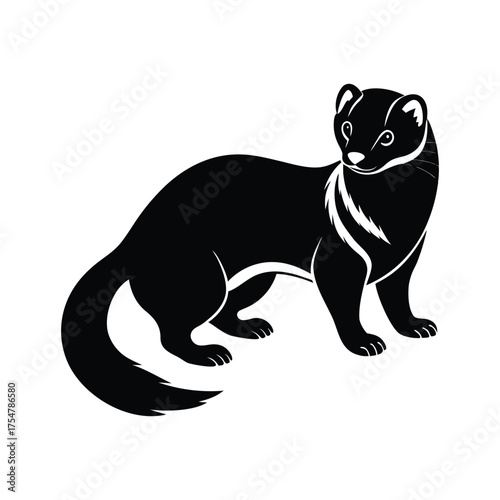Stylized silhouette of a black ferret standing alert with a white chest marking on a white background