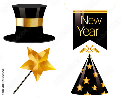 Elegant New Year's Eve Party Elements: Top Hat, Banner, and Star Accessories

