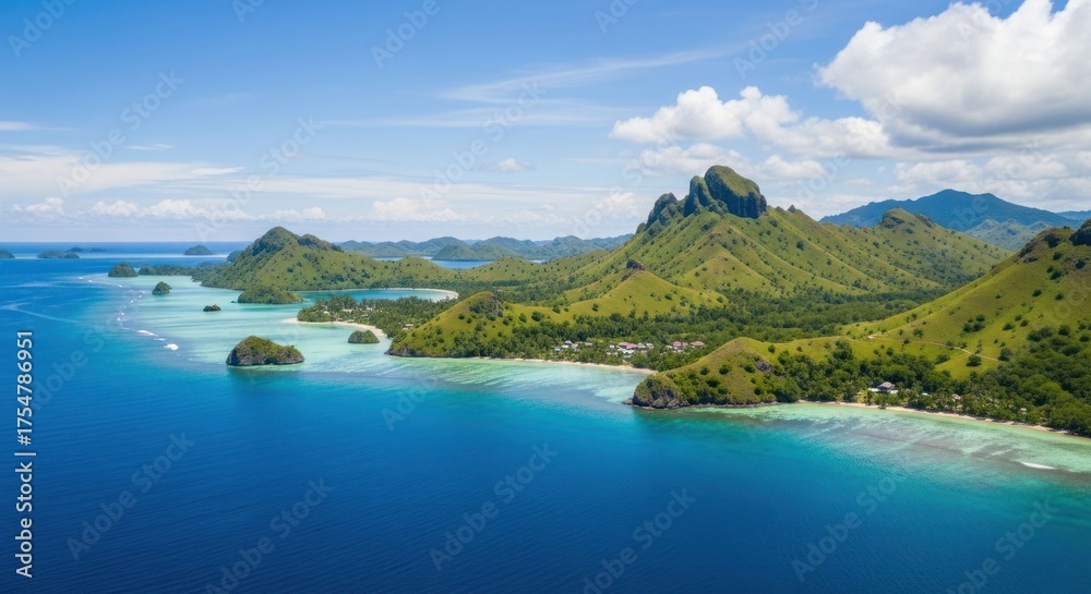 Obraz premium Aerial shot of islands and turquoise water under a bright, cloudy sky