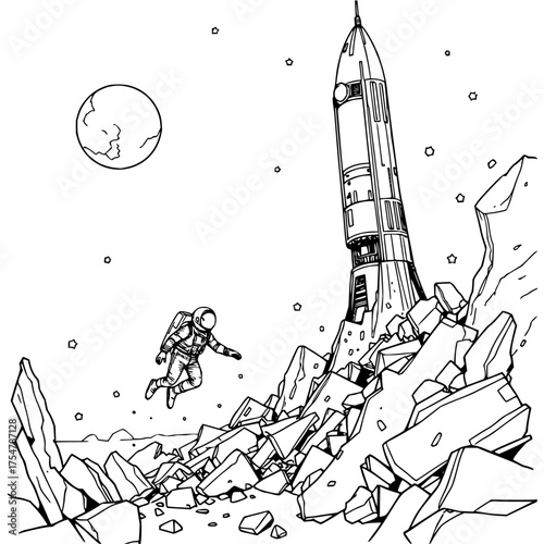 Minimilist a lone astronaut floats near a rocket on a rocky surface under a moon and starry sky in a monochrome scene vector