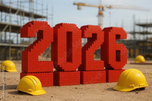 Red brick numbers 2026 with yellow helmets on sandy ground, outdoors