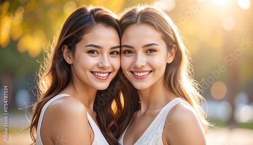 Fototapeta Naklejka Na Ścianę i Meble -  A sunny portrait showcases two smiling women, possibly twins, with flowing hair and white tops. The background suggests a park scene