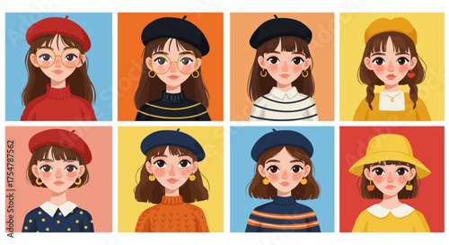 A charming collection of four cute cartoon girl portraits with unique fashion styles and expressive faces. Each character features trendy outfits, playful accessories, and bright contrasting