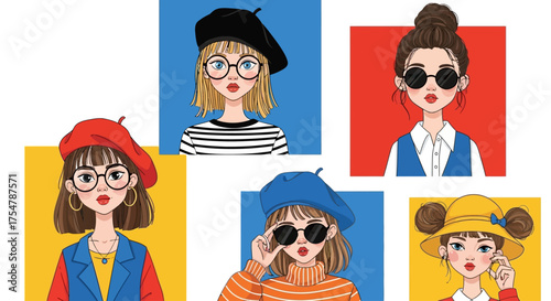 A charming collection of four cute cartoon girl portraits with unique fashion styles and expressive faces. Each character features trendy outfits, playful accessories, and bright contrasting