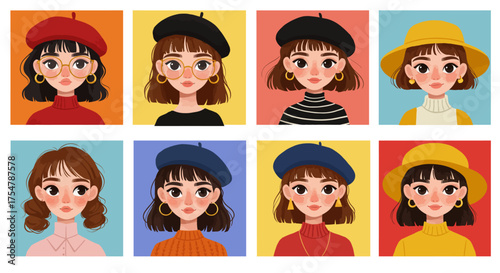 A charming collection of four cute cartoon girl portraits with unique fashion styles and expressive faces. Each character features trendy outfits, playful accessories, and bright contrasting