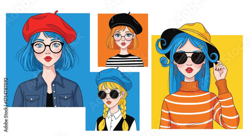 A charming collection of four cute cartoon girl portraits with unique fashion styles and expressive faces. Each character features trendy outfits, playful accessories, and bright contrasting