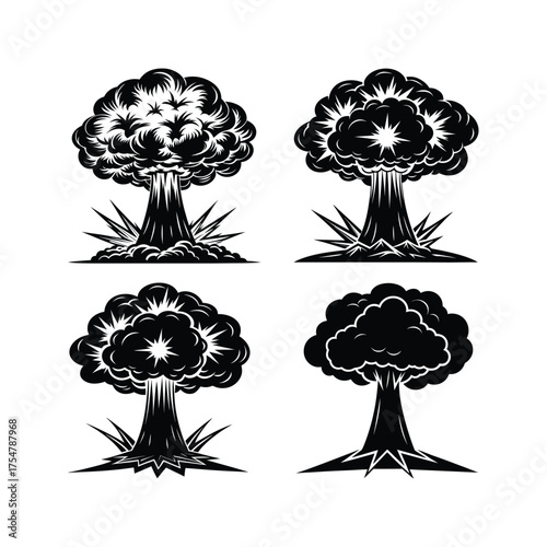 Black and white silhouette large explosion cloud