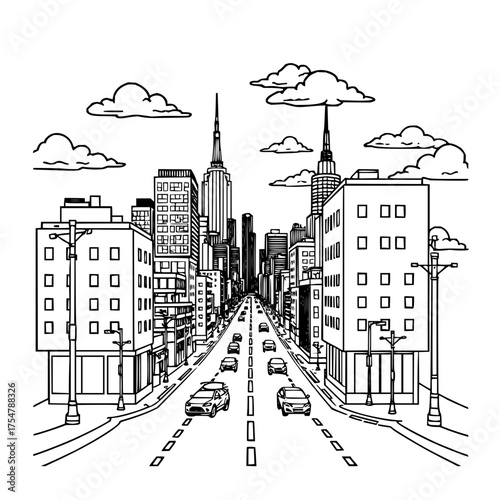 Minimilist drawing of a city street with tall buildings cars clouds and streetlights in a black and white style view vector
