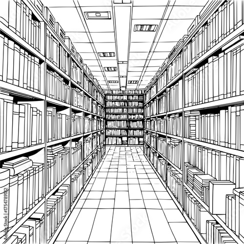 Minimilist a black and white drawing of a library aisle filled with bookshelves and tiled flooring in perspective vector