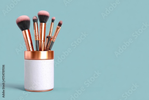 Set of elegant rose gold makeup brushes in a textured holder.