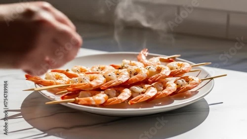 A white plate holds shrimp skewers still steaming illuminated by natural light on a bright surface