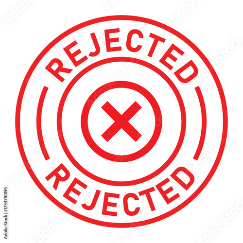 Red circular rejected stamp graphic with bold “REJECTED” text and central X symbol. Ideal for denial, disapproval, business forms, and digital rejection or validation designs.