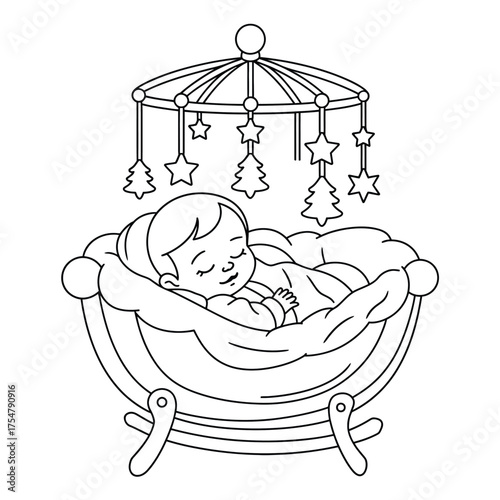Serene baby sleeping in cradle with mobile vector illustration eps scalable graphic for newborn themes silhouette vector illustration white background