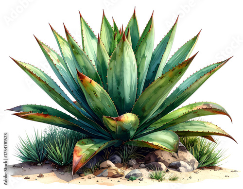 Desert yucca with sword-shaped leaves, natural succulent plant, isolated on a transparent background.