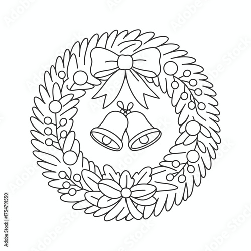 Scalable vector eps illustration of a festive christmas wreath with bells bow and holly berries silhouette vector illustration white background