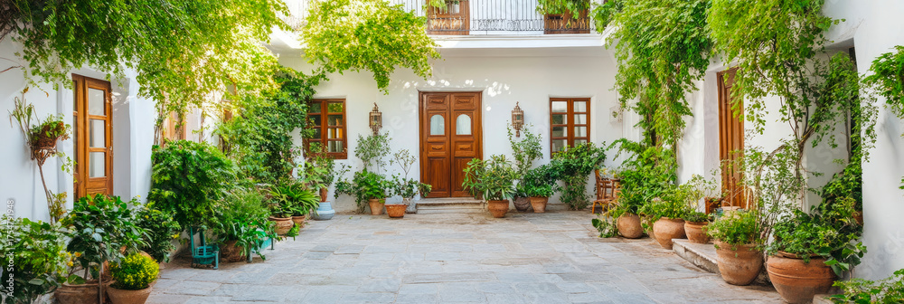 Fototapeta premium Lush green plants in terracotta pots adorning sunlit traditional Mediterranean courtyard with white walls, wooden doors, and upstairs balcony, creating tranquil and inviting outdoor space