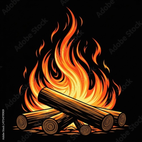 Vibrant bonfire with glowing logs and dancing flames on a dark background
