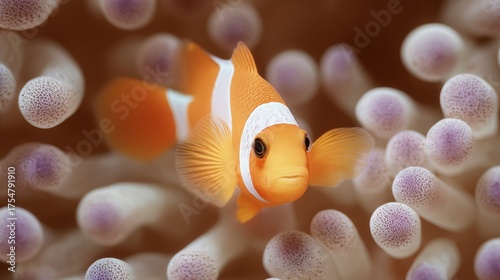 A charming clownfish, with its bright orange and white stripes, drifts gracefully amidst the gentle embrace of a vibrant sea anemone.