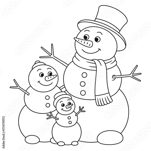 Adorable black and white vector illustration of a happy snowman family for festive designs silhouette vector illustration white background