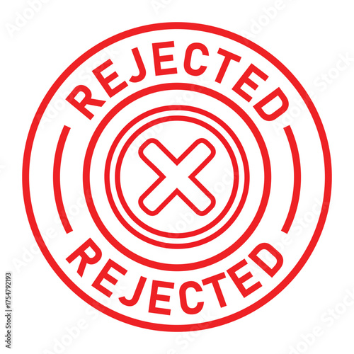 Red circular rejected stamp graphic with bold “REJECTED” text and central X symbol. Ideal for denial, disapproval, business forms, and digital rejection or validation designs.