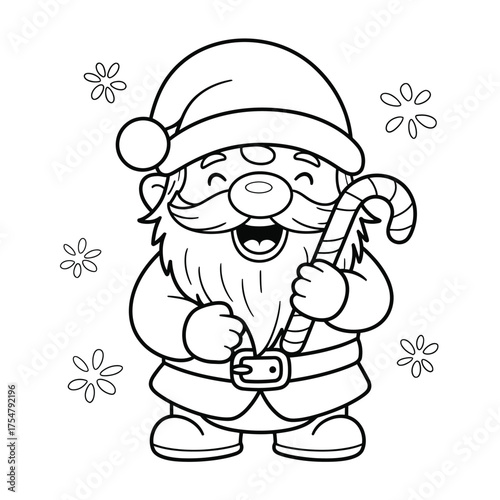 Adorable black and white line art vector illustration of a happy gnome holding a candy cane scalable eps silhouette vector illustration white background
