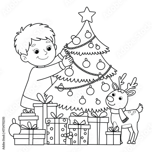 Scalable vector line art illustration of a happy boy decorating a christmas tree with a cute reindeer companion and gifts silhouette vector illustration white background